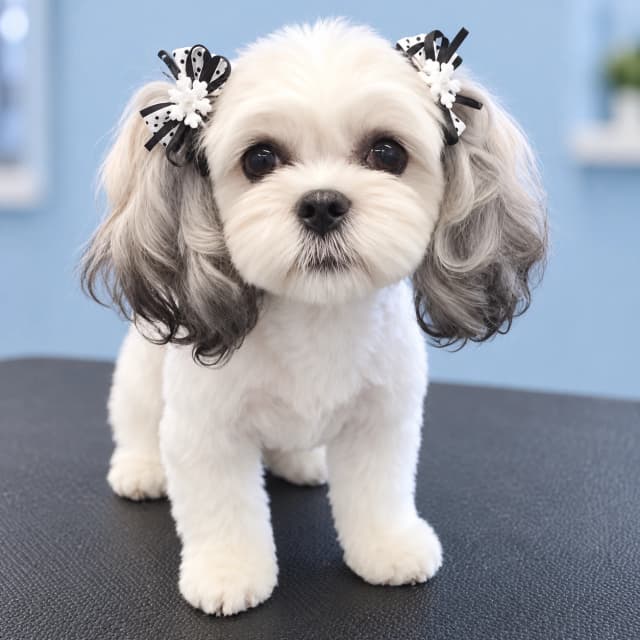 A freshly groomed white dog